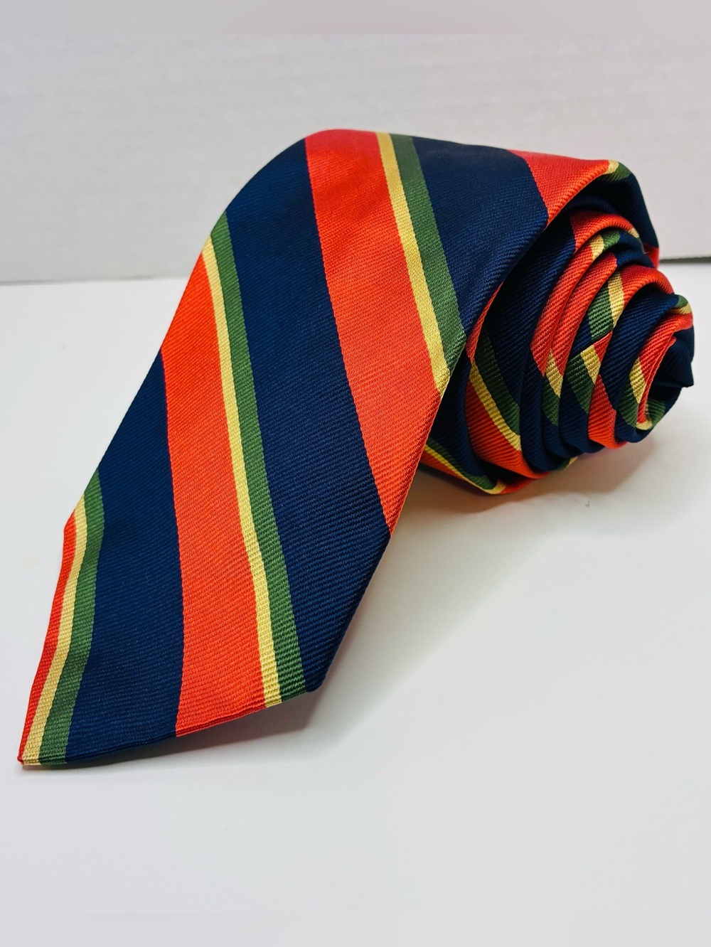 Polo Ralph Lauren Silk Repp Tie Striped Orange Navy Blue Green Yellow 57"x3-3/8"